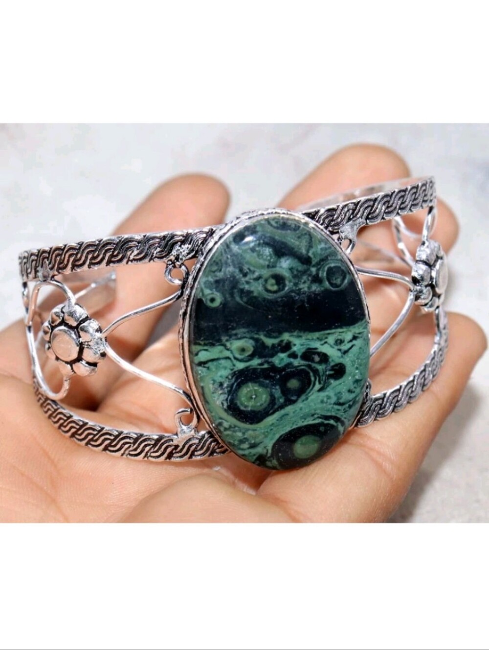 Kambaba Jasper Gemstone 925 Sterling Silver Handmade Adjustable Cuff Bracelet